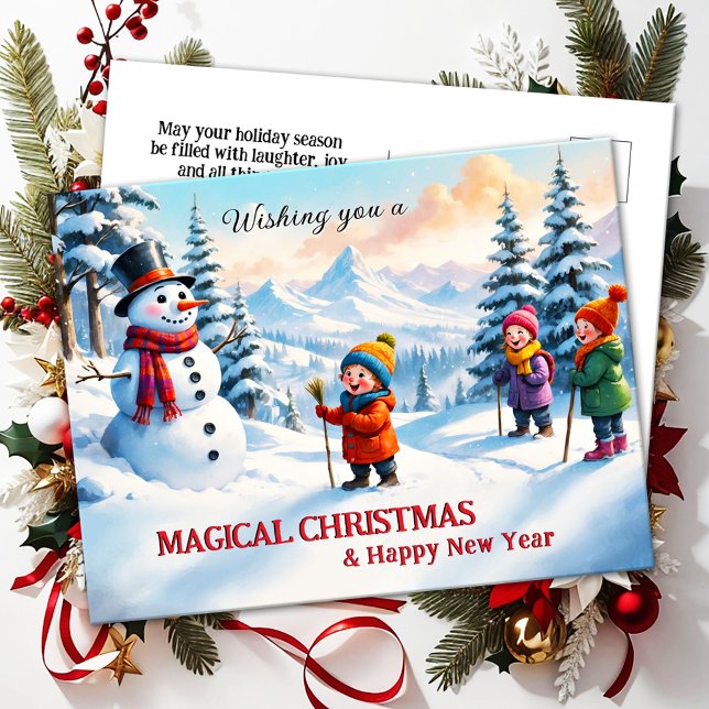 Cute Family Children Snowman Merry Christmas Holiday Postcard (Cute postcard showing children having fun in the snow with a snowman in a magical winter wonderland)