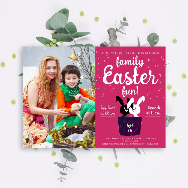 Cute Family Easter Bunny Couple Red White Photo Invitation (Creator Uploaded)