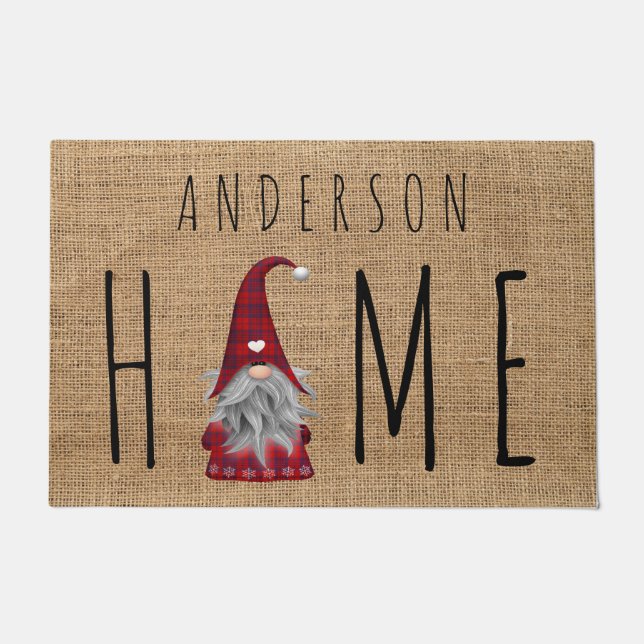 Cute Family Name Holiday Christmas Plaid Gnome Doormat (Front)