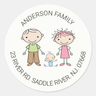 Cute Family of 3 Return Address Classic Round Clas Sticker