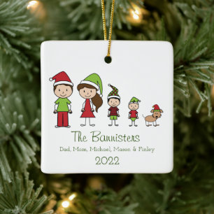 Cute Family of 4 with Pet Christmas Ornament