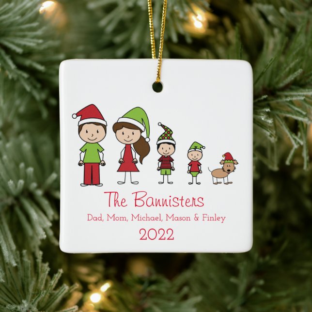 Cute Family of 4 with Pet Christmas Ornament (Tree)