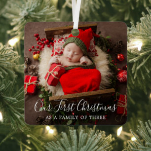 Cute Family of Three Elegant Photo First Christmas Metal Tree Decoration