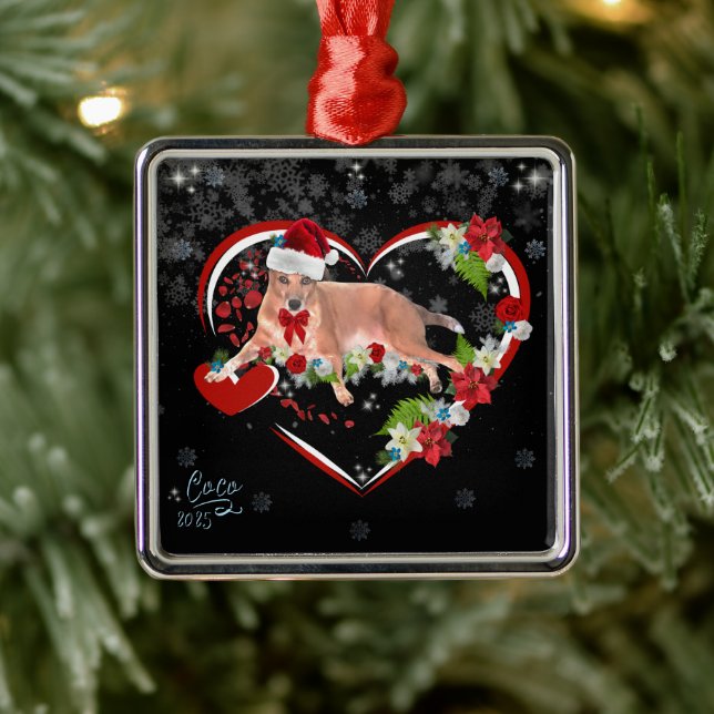 Cute Family Pet Name and Date Christmas Metal Ornament (Tree)