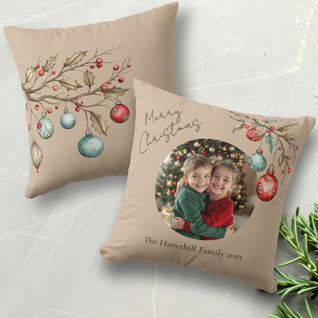 Cute Family Photo Beige Christmas Throw Pillow (Family photo with watercolor ornaments pillow with beige background.)