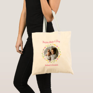 Cute Family Photo Floral Frame Happy Mother's Day Tote Bag
