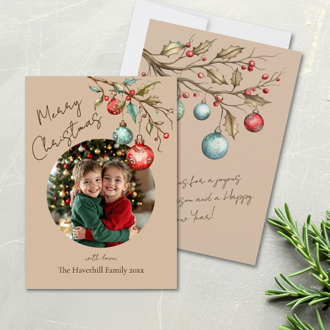 Cute Family Photo Frame Beige Watercolor Christmas Holiday Card (Christmas card family photo with watercolor ornaments and beige background.)