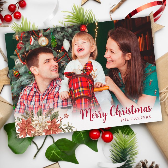 Cute Family Photo Merry Christmas Floral Holiday Card (Creator Uploaded)