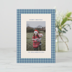 Cute Family Photo Teal Blue Gingham Christmas Holiday Card