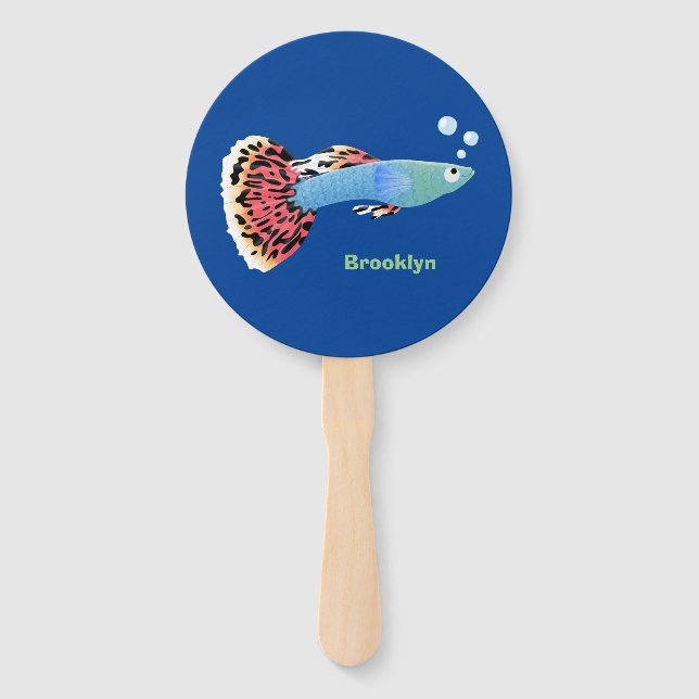 Cute fancy guppy tropical fish cartoon hand fan (Front)