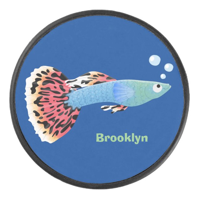 Cute fancy guppy tropical fish cartoon  hockey puck (Front)