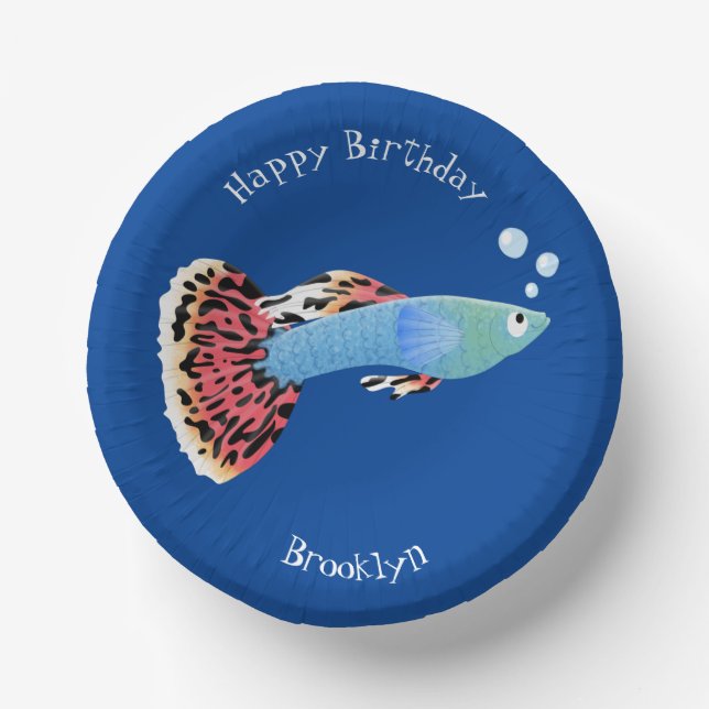 Cute fancy guppy tropical fish cartoon paper plate (Front)