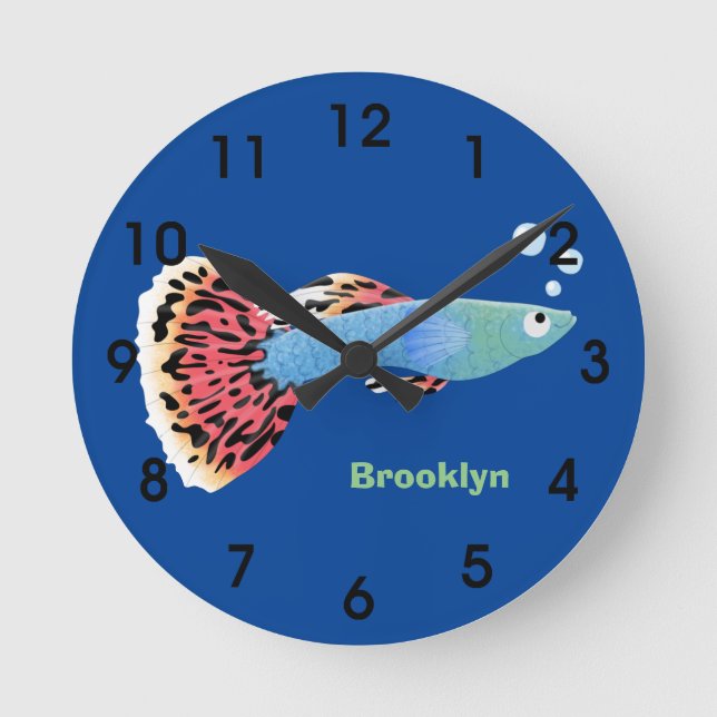 Cute fancy guppy tropical fish cartoon round clock (Front)
