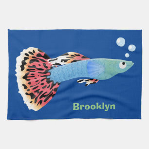 Cute fancy guppy tropical fish cartoon  tea towel