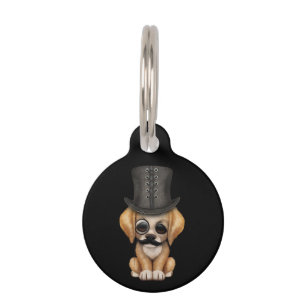 Cute Fancy Puppy with Monocle and Top Hat Black Pet Tag