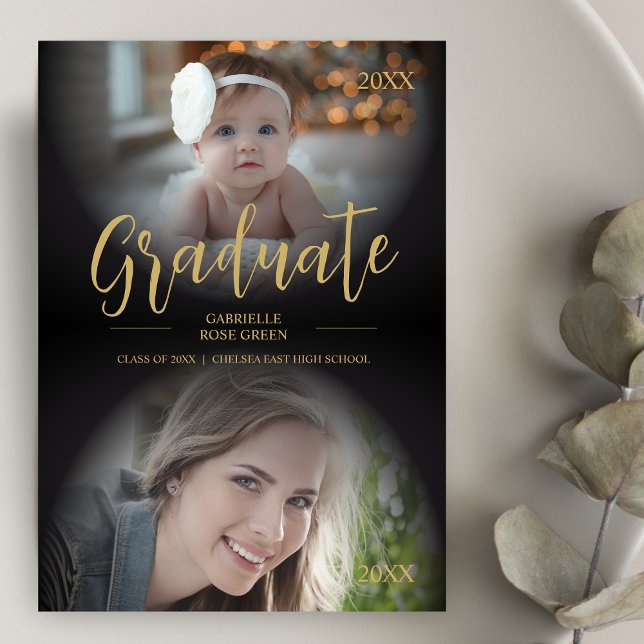 Cute Fancy Then & Now Trendy 2 Photos Graduation Invitation (Cute Fancy Then & Now Trendy 2 Photos Graduation Invitation with Envelope. )