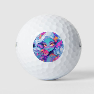 Cute Fanged Mermaid Anime Girl and Pet Fish Golf Balls