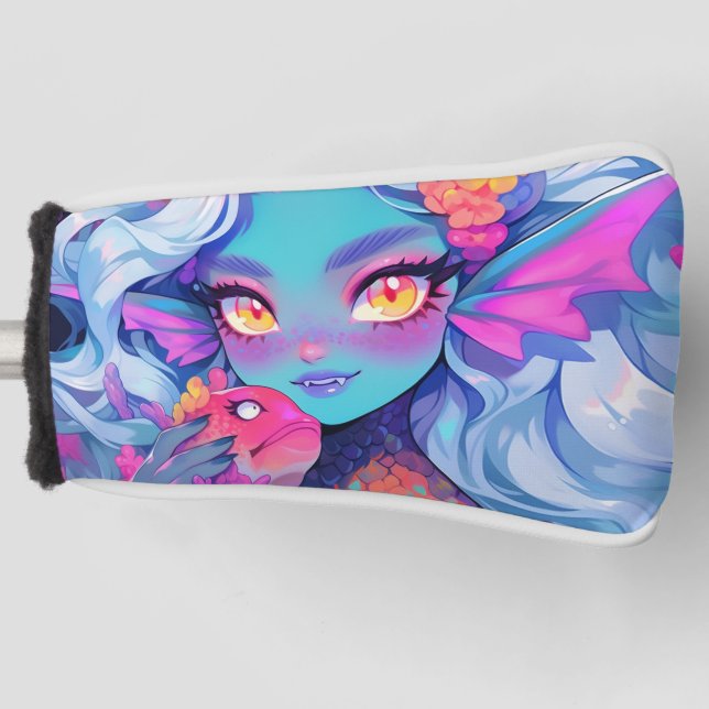 Cute Fanged Mermaid Anime Girl and Pet Fish Golf Head Cover (Front)