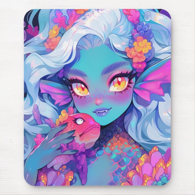 Cute Fanged Mermaid Anime Girl and Pet Fish Mouse Pad (Front)