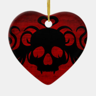 Cute fanged vampire skull dark red ceramic tree decoration