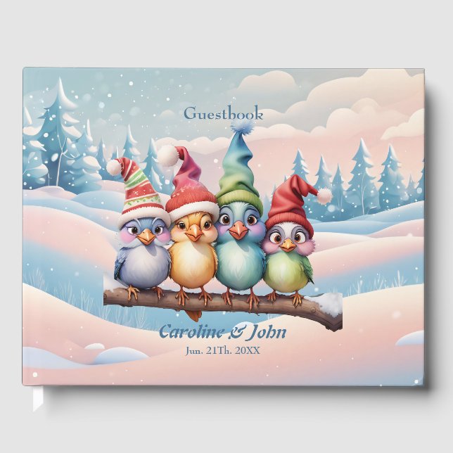 Cute fantasy birds with Christmas hats. Guest Book (Front)