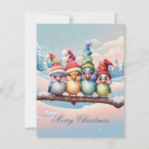 Cute fantasy birds with Christmas hats. Holiday Card