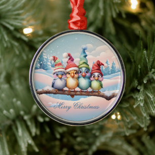 Cute fantasy birds with Christmas hats. Metal Ornament