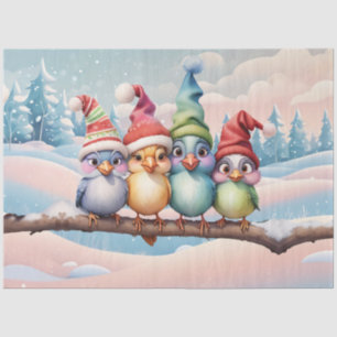 Cute fantasy birds with Christmas hats Tissue Paper