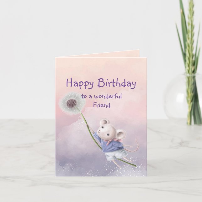  Cute Fantasy Birthday Friend Mouse Dandelion Card (Front)