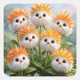 Cute Fantasy Chick Flowers Garden Square Sticker
