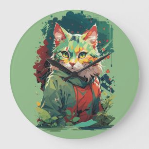 Cute Fantasy Colour Splash Cat Design Large Clock
