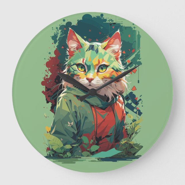 Cute Fantasy Colour Splash Cat Design Large Clock (Front)