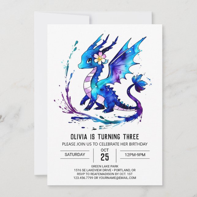 Cute Fantasy Dragon Digital Girl Birthday Invitation (Front)