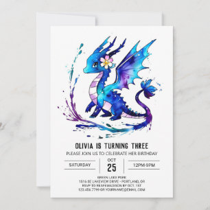 Cute Fantasy Dragon Digital Girl Birthday Invitation