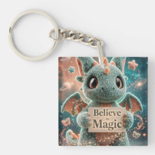 Cute Fantasy Dragon Plush Holding Believe in Magic Key Ring