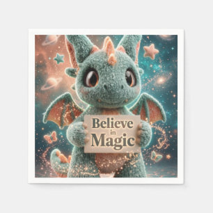 Cute Fantasy Dragon Plush Holding Believe in Magic Napkin