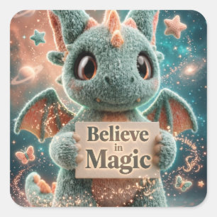 Cute Fantasy Dragon Plush Holding Believe in Magic Square Sticker