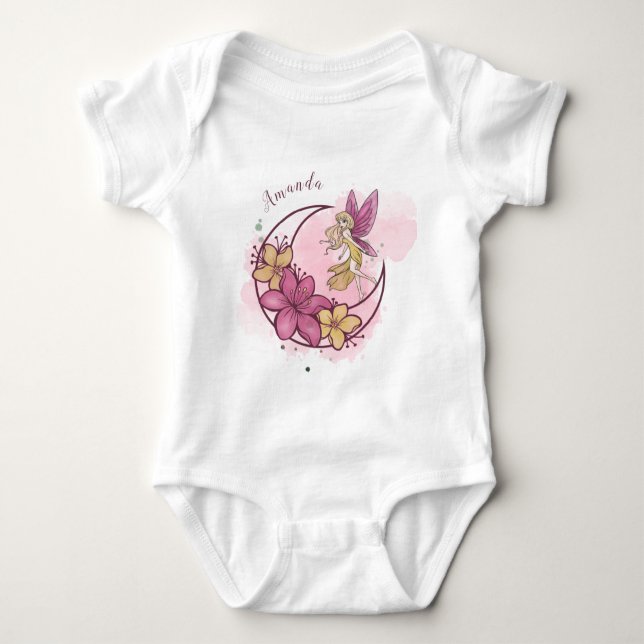 Cute Fantasy Fairy on the Moon, Custom Name 2 Baby Bodysuit (Front)