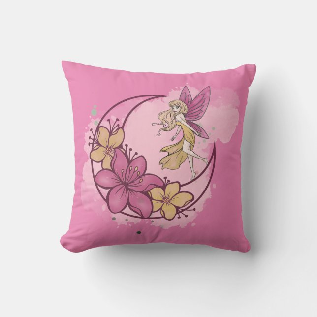 Cute Fantasy Fairy on The Moon, Custom Name Pillow (Front)