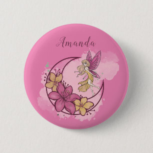 Cute Fantasy Fairy on The Moon Custom Pink Button