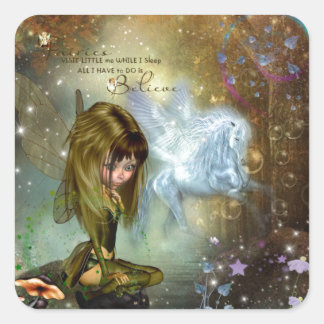Cute Fantasy Fairy & Pegasus Believe Quote Square Sticker
