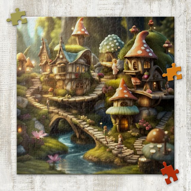 Cute Fantasy Gnome Mushroom Fairy Tale Puzzle (Puzzle featuring a painting of a fantasy landscape with cute mushroom houses, fairies and gnomes)