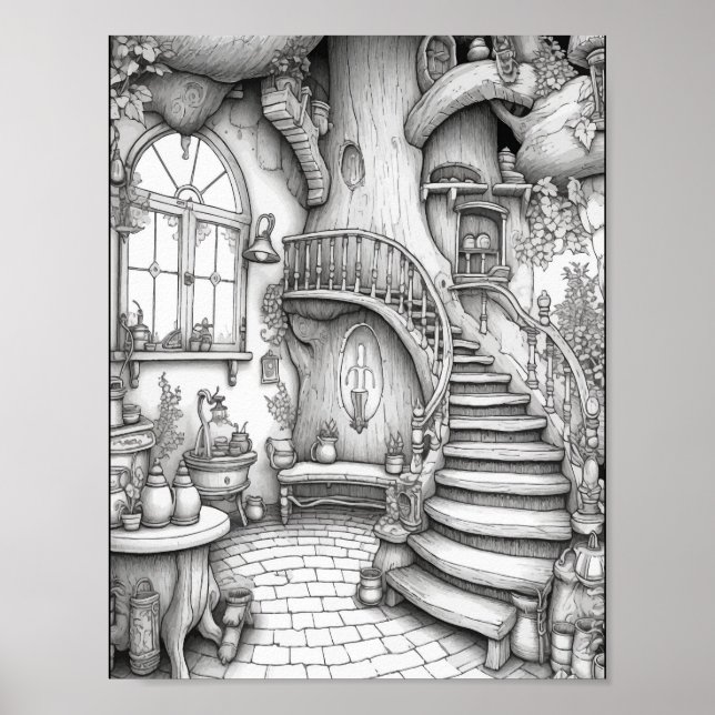 Cute Fantasy Interior Adult Colouring Poster (Front)