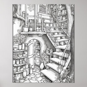 Cute Fantasy Interior Adult Colouring Poster