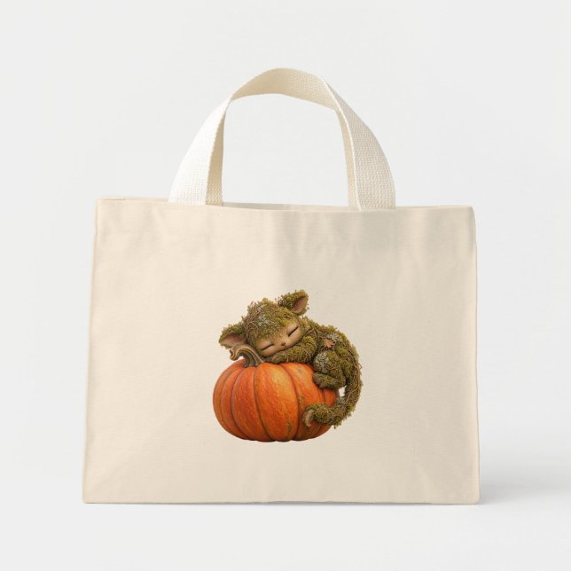 Cute Fantasy Moss Creature Hugging Pumpkin Tote Ba (Front)