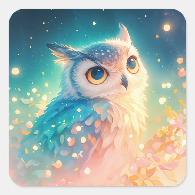 Cute Fantasy Owl with Large Blue Eyes Square Sticker (Front)