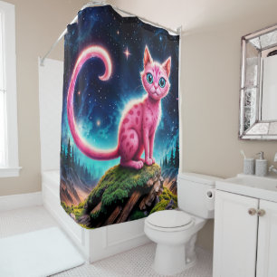 Cute fantasy pink animal in night starry valley shower curtain