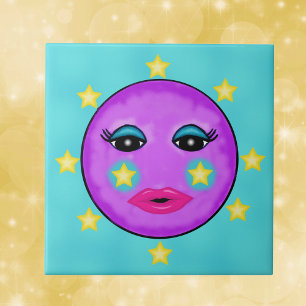 Cute Fantasy Purple Moon Face Stars Ceramic Tile
