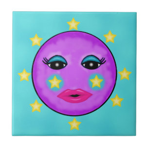Cute Fantasy Purple Moon Face Stars Ceramic Tile
