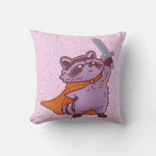 Cute Fantasy Racoon Warrior with Sword and Cape Cushion